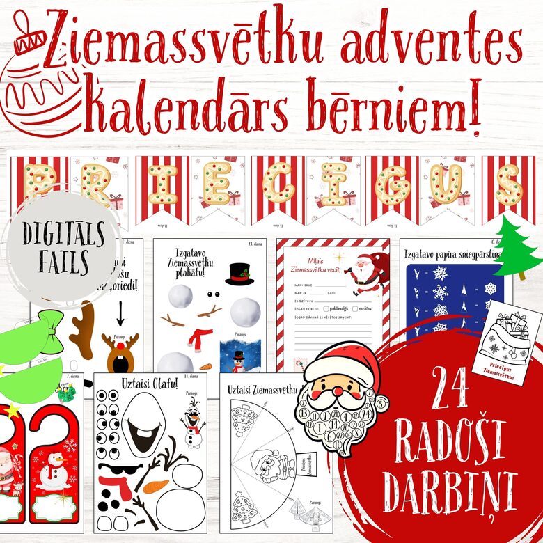 Radošais Ziemassvētku adventes kalendārs bērniem, digitāls PDF fails